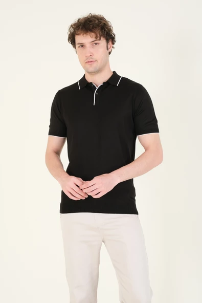 Erkek Çıtçıtlı Yaka Biyeli Merserize T-Shirt Siyah