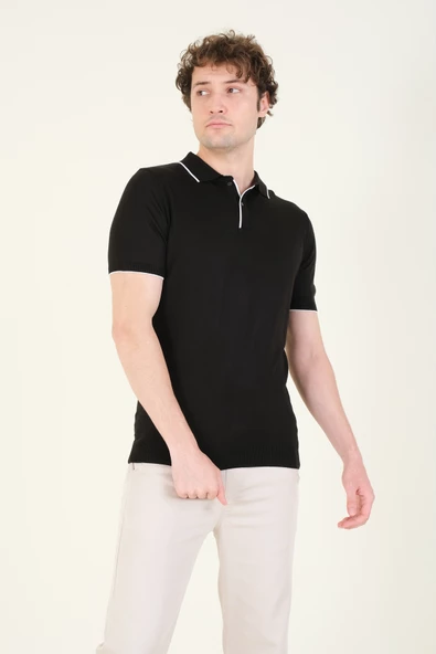 Erkek Çıtçıtlı Yaka Biyeli Merserize T-Shirt Siyah - 2