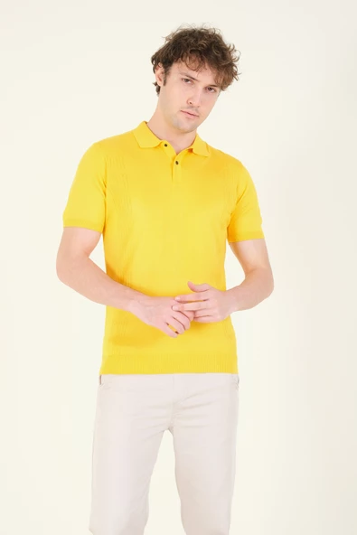 Erkek Yanları Desenli  Polo Yaka  Merserize T-Shirt Sarı - 3