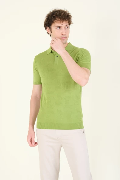 Erkek Çıtçıtlı Desenli Polo Yaka Merserize T-Shirt Yeşil - Resim 2