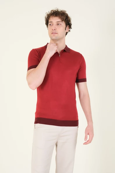 Erkek Renkli Yaka Yarım Fermuarlı Polo Yaka Merserize T-Shirt Bordo - 4