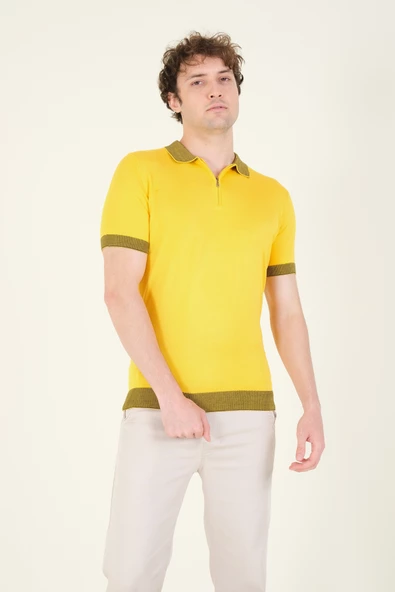 Erkek Renkli Yaka Yarım Fermuarlı Polo Yaka Merserize T-Shirt Sarı - 2