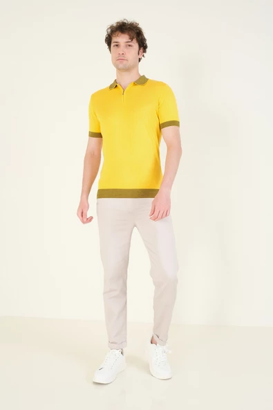 Erkek Renkli Yaka Yarım Fermuarlı Polo Yaka Merserize T-Shirt Sarı - 5