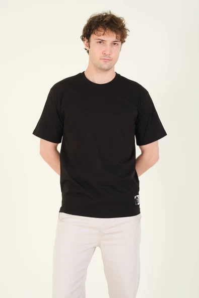 Erkek Sıfır Yaka Oversize Nakışlı T-Shirt Siyah - 3