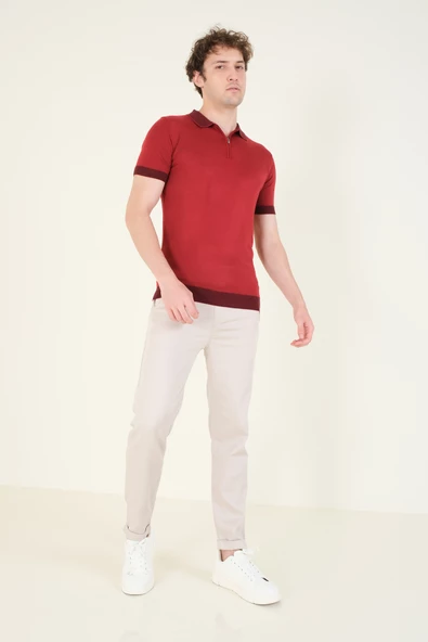 Erkek Renkli Yaka Yarım Fermuarlı Polo Yaka Merserize T-Shirt Bordo - 5