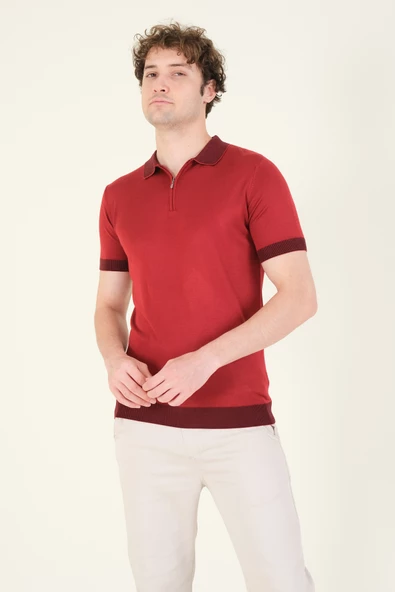 Erkek Renkli Yaka Yarım Fermuarlı Polo Yaka Merserize T-Shirt Bordo - 3