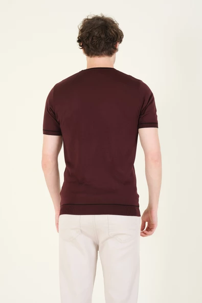 Erkek Sıfır Yaka Biyeli Merserize T-Shirt Mürdüm - 6