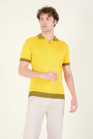Erkek Renkli Yaka Yarım Fermuarlı Polo Yaka Merserize T-Shirt Sarı - 4