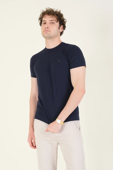 Erkek Sıfır Yaka Basic T-Shirt Lacivert - 3