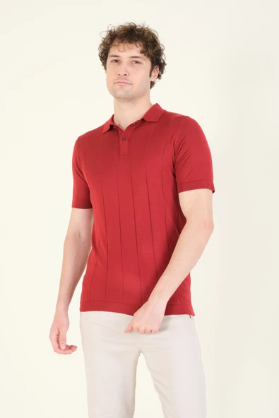 Erkek Çizgili Polo Yaka Merserize T-Shirt Bordo - 3