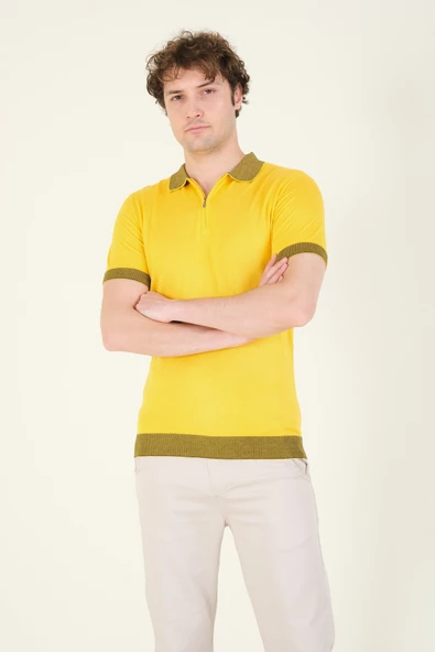 Erkek Renkli Yaka Yarım Fermuarlı Polo Yaka Merserize T-Shirt Sarı - 3