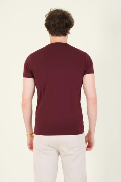 Erkek Sıfır Yaka Basic T-Shirt Bordo - Resim 6