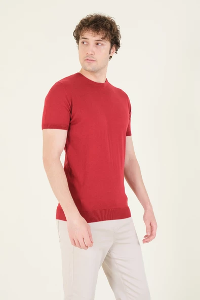 Erkek  Sıfır Yaka Merserize T-Shirt Bordo - 4