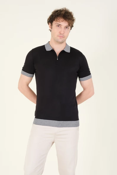 Erkek Renkli Yaka Yarım Fermuarlı Polo Yaka Merserize T-Shirt Siyah - 2