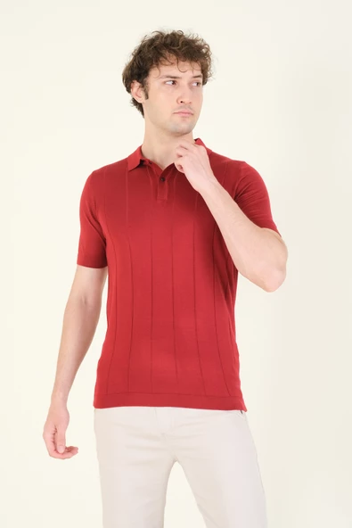 Erkek Çizgili Polo Yaka Merserize T-Shirt Bordo - 2