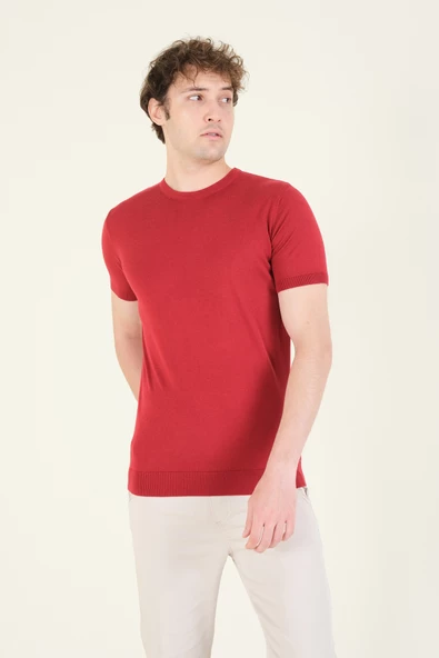 Erkek  Sıfır Yaka Merserize T-Shirt Bordo - 1