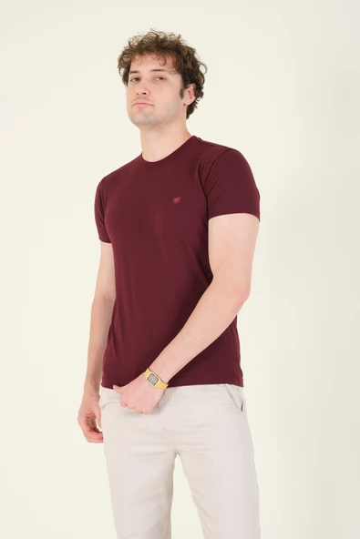 Erkek Sıfır Yaka Basic T-Shirt Bordo - Resim 3