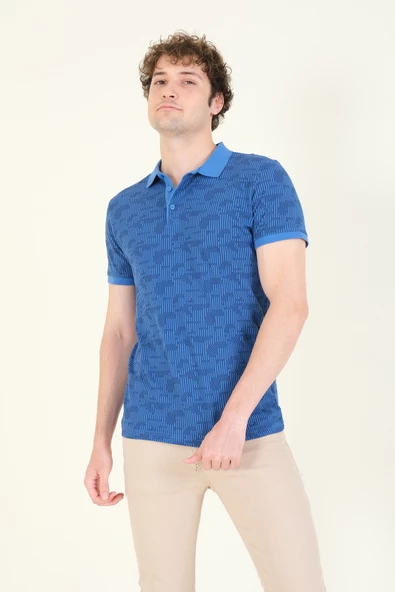 Erkek Polo Yaka Desenli T-Shirt Mavi