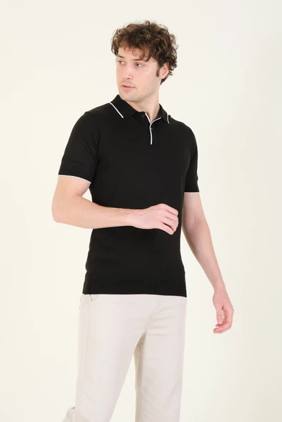 Erkek Çıtçıtlı Yaka Biyeli Merserize T-Shirt Siyah - 3