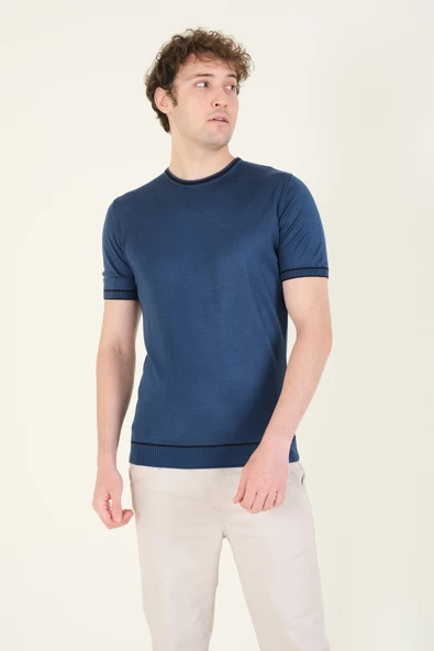 Erkek Sıfır Yaka Biyeli Merserize T-Shirt Petrol Mavi - 3