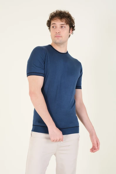 Erkek Sıfır Yaka Biyeli Merserize T-Shirt Petrol Mavi - 2