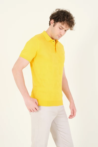 Erkek Çıtçıtlı Desenli Polo Yaka Merserize T-Shirt Sarı - 3