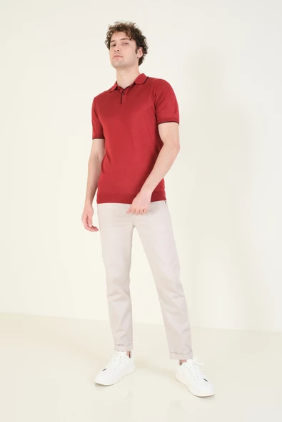 Erkek Çıtçıtlı Yaka Biyeli Merserize T-Shirt Bordo - 5