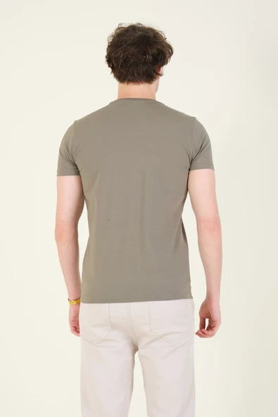 Erkek Sıfır Yaka Basic T-Shirt Haki - 6