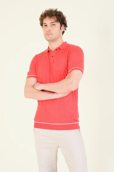 Erkek Desenli Polo Yaka Merserize T-Shirt Mercan - 3