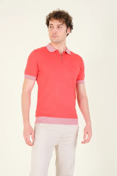 Erkek Renkli Yaka Yarım Fermuarlı Polo Yaka Merserize T-Shirt Mercan - 3