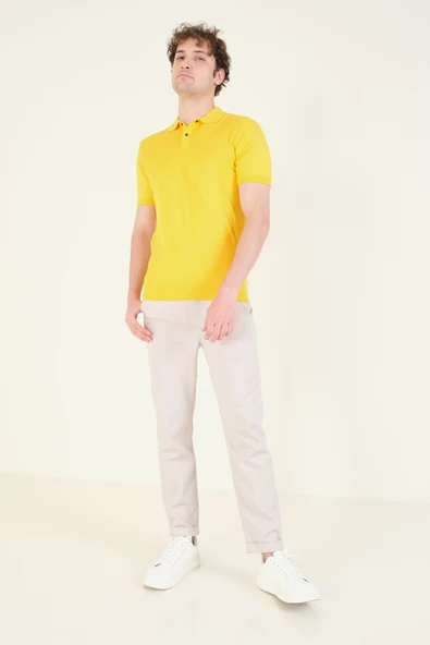 Erkek Yanları Desenli  Polo Yaka  Merserize T-Shirt Sarı - 5