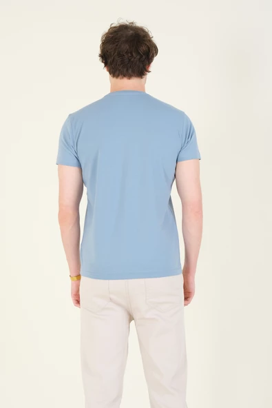 Erkek Sıfır Yaka Basic T-Shirt Mavi - Resim 6