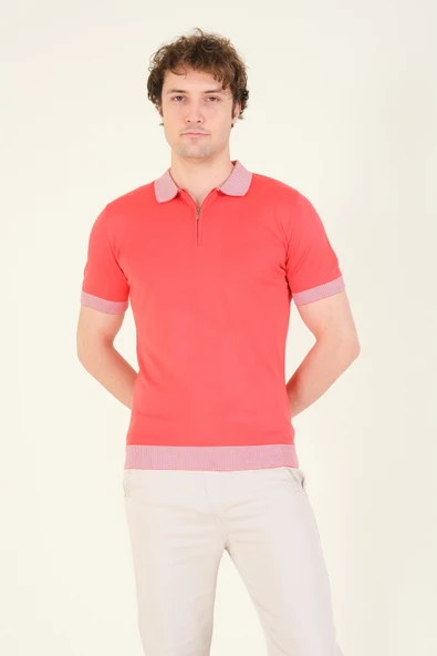 Erkek Renkli Yaka Yarım Fermuarlı Polo Yaka Merserize T-Shirt Mercan - 4