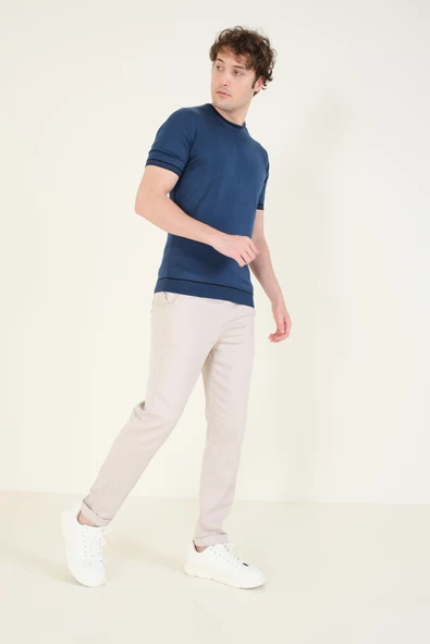 Erkek Sıfır Yaka Biyeli Merserize T-Shirt Petrol Mavi - 5