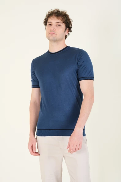 Erkek Sıfır Yaka Biyeli Merserize T-Shirt Petrol Mavi