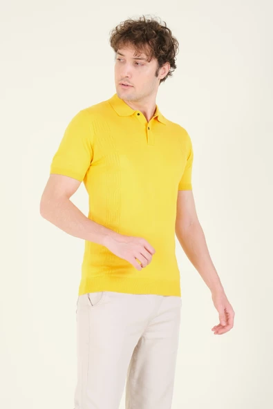 Erkek Yanları Desenli  Polo Yaka  Merserize T-Shirt Sarı - 2