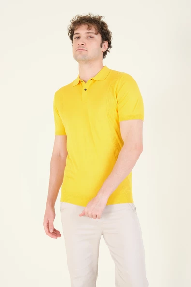 Erkek Yanları Desenli  Polo Yaka  Merserize T-Shirt Sarı