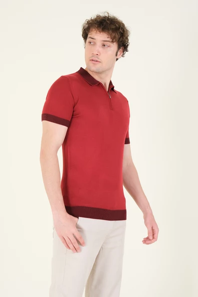 Erkek Renkli Yaka Yarım Fermuarlı Polo Yaka Merserize T-Shirt Bordo - 2