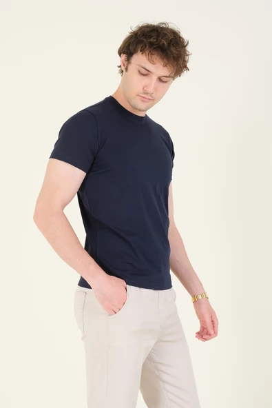 Erkek Sıfır Yaka Basic T-Shirt Lacivert