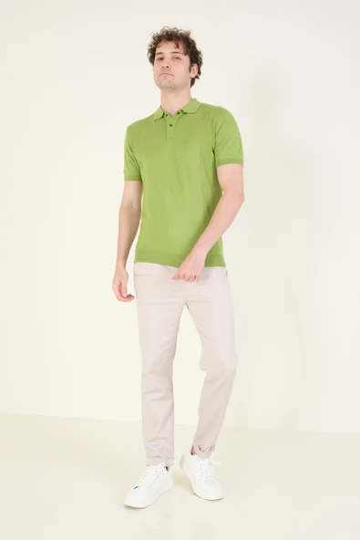 Erkek Yanları Desenli  Polo Yaka  Merserize T-Shirt Yeşil - Resim 5