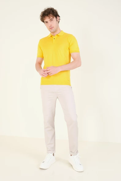 Erkek Yanları Desenli  Polo Yaka  Merserize T-Shirt Sarı - 4