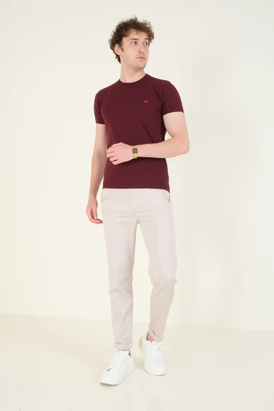 Erkek Sıfır Yaka Basic T-Shirt Bordo - Resim 4