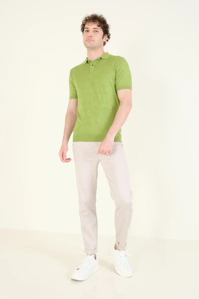 Erkek Çıtçıtlı Desenli Polo Yaka Merserize T-Shirt Yeşil - Resim 4