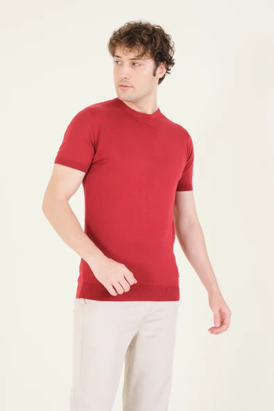 Erkek  Sıfır Yaka Merserize T-Shirt Bordo - 2