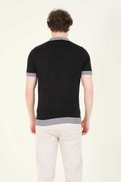 Erkek Renkli Yaka Yarım Fermuarlı Polo Yaka Merserize T-Shirt Siyah - 5