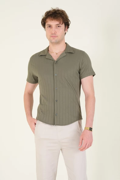 Erkek Gömlek Yaka Düğmeli Penye Gömlek Haki