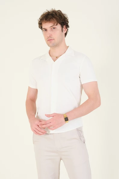 Erkek Gömlek Yaka Düğmeli Penye Gömlek  Ekru - 2