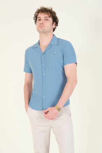 Erkek Gömlek Yaka Düğmeli Dokulu Penye Gömlek Su Yeşili