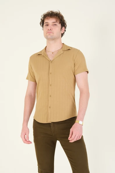 Erkek Gömlek Yaka Düğmeli Penye Gömlek Camel