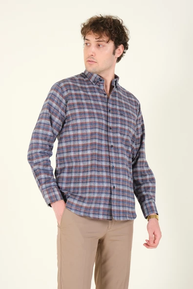 Erkek Tek Cep Ekose Desenli Kışlık Gömlek İndigo